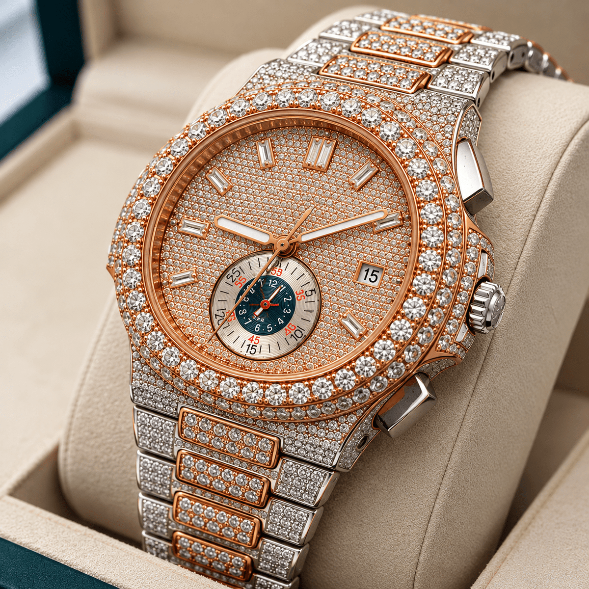Two-Tone Rose Gold & Silver Iced-Out Watch – Diamond-Style Dial with Subdial Detail - Virtue JewelSilver