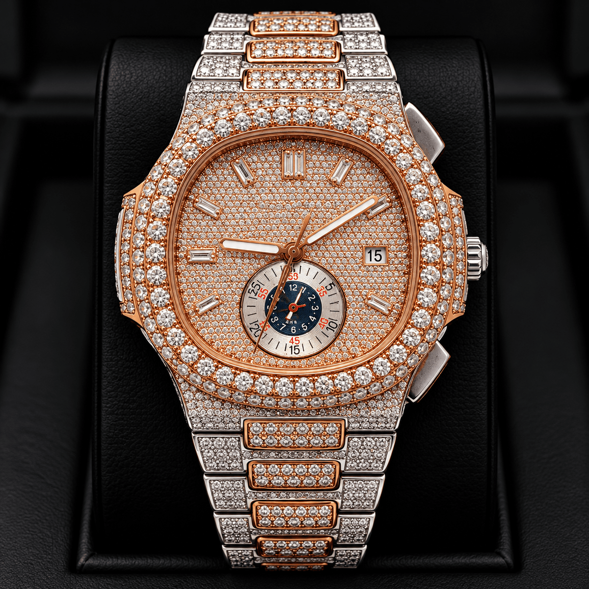 Two-Tone Rose Gold & Silver Iced-Out Watch – Diamond-Style Dial with Subdial Detail - Virtue JewelSilver