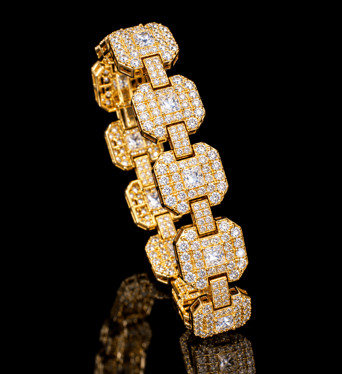 12mm Iced Out Square Halo Link Bracelet – Full Pavé 5A CZ, White Gold & Gold - Virtue JewelWhite Gold7’’