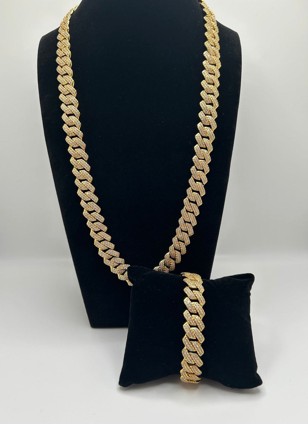 14MM FLAT CUBAN ICED OUT STIMULATED DIAMONDS CHAIN & Bracelet Set - Virtue JewelGold18inch7inchJewelry Set