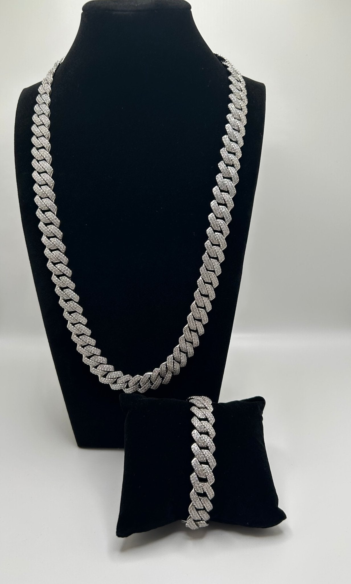 14MM FLAT CUBAN ICED OUT STIMULATED DIAMONDS CHAIN & Bracelet Set - Virtue JewelGold18inch7inchJewelry Set