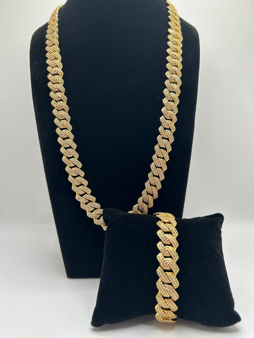 14MM FLAT CUBAN ICED OUT STIMULATED DIAMONDS CHAIN & Bracelet Set - Virtue JewelGold18inch7inchJewelry Set