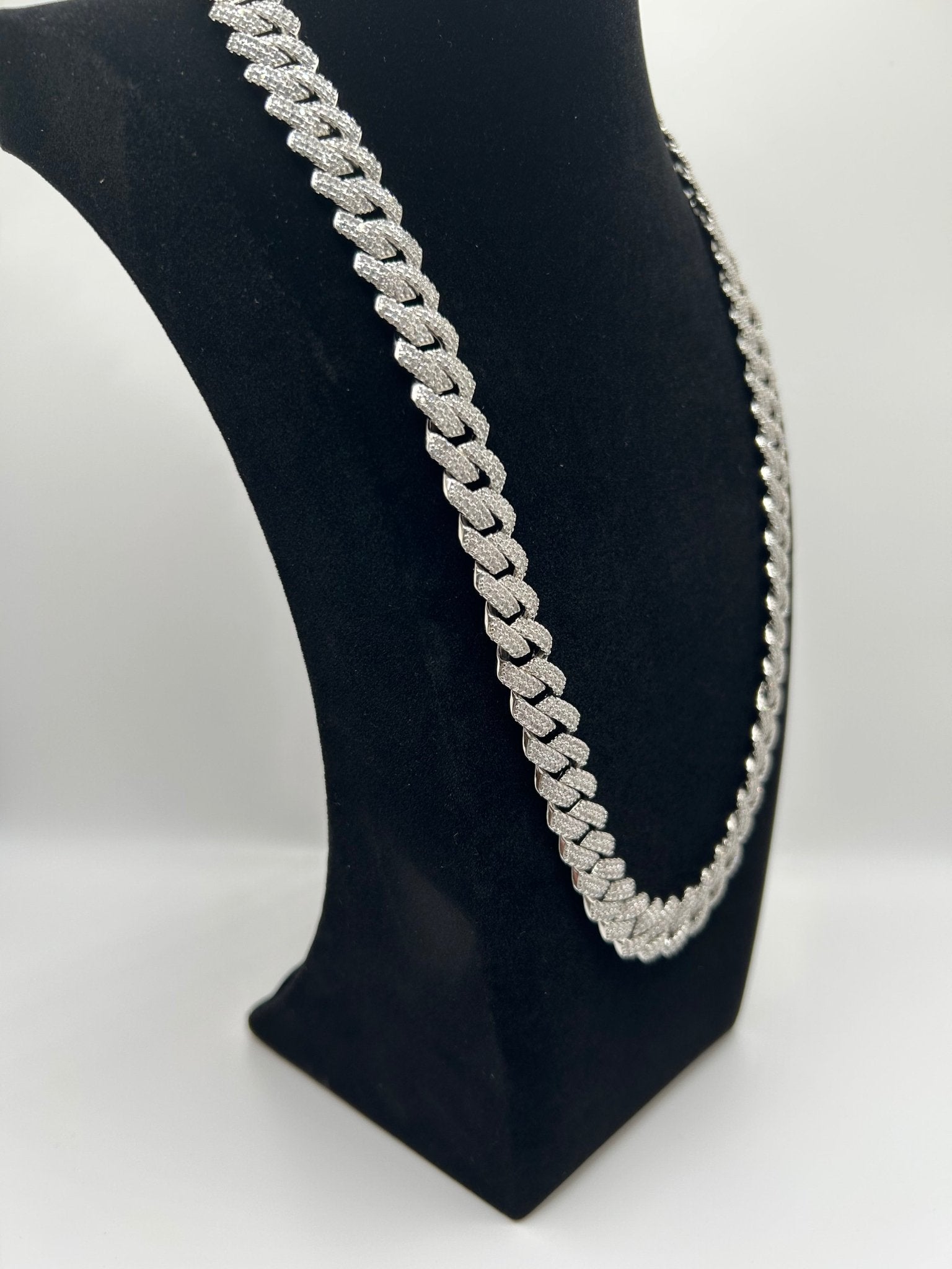 14mm Flat Cuban Iced Out Stimulated Diamonds Chain - Virtue Jewel20inchSilverChain Necklace