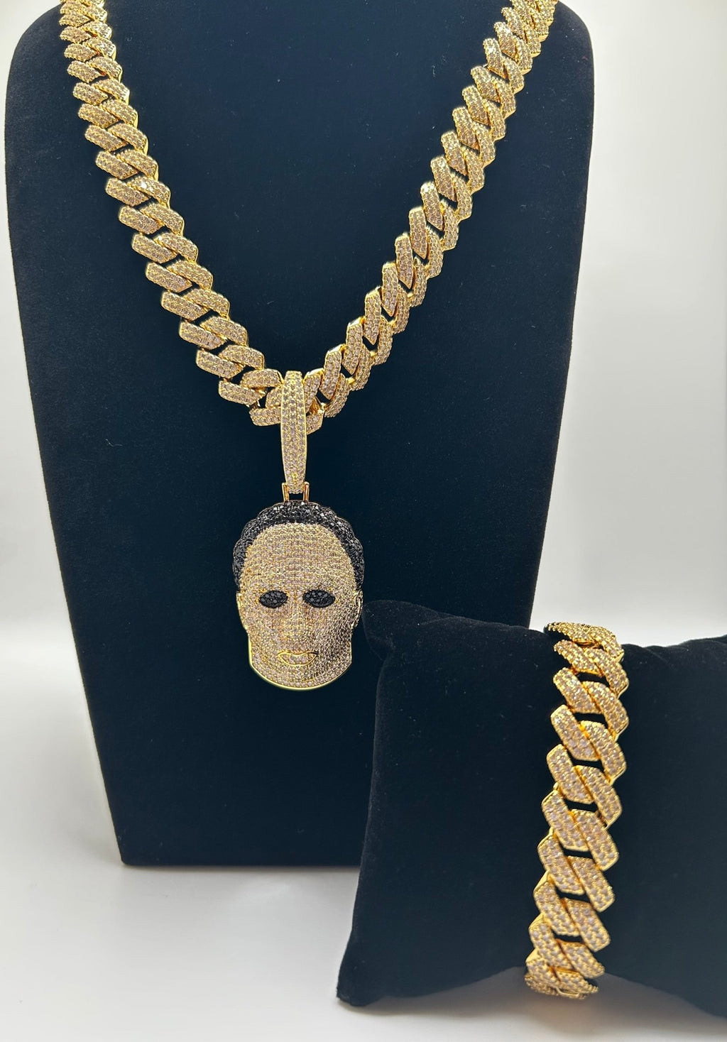 14MM FLAT SQUARE SILVER WHITE GOLD PLATED CUBAN CHAIN AND A MICHAEL HALLOWEEN HEAD PENDANT & Bracelet Set - Virtue JewelGold6inch18inchJewelry Set