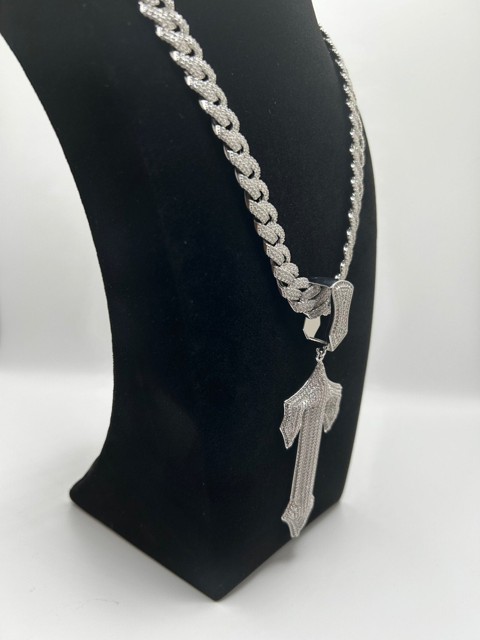 14MM FLAT SQUARE SILVER WHITE GOLD PLATED CUBAN CHAIN AND Warrior Jesus Cross PENDANT & BRACELET SET - Virtue JewelSilver18inch7inchJewelry Set