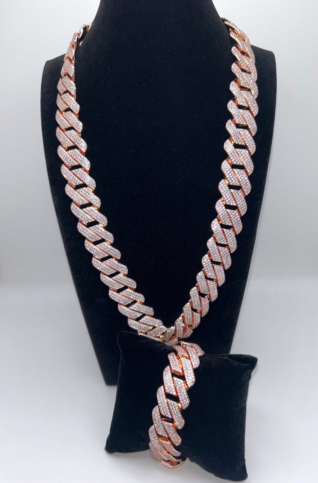 20mm Flat Square Cut Rose Gold Plated Cuban Iced Out Stimulated Diamonds Chain & Bracelet Set - Virtue Jewel20inch7inchBracelets