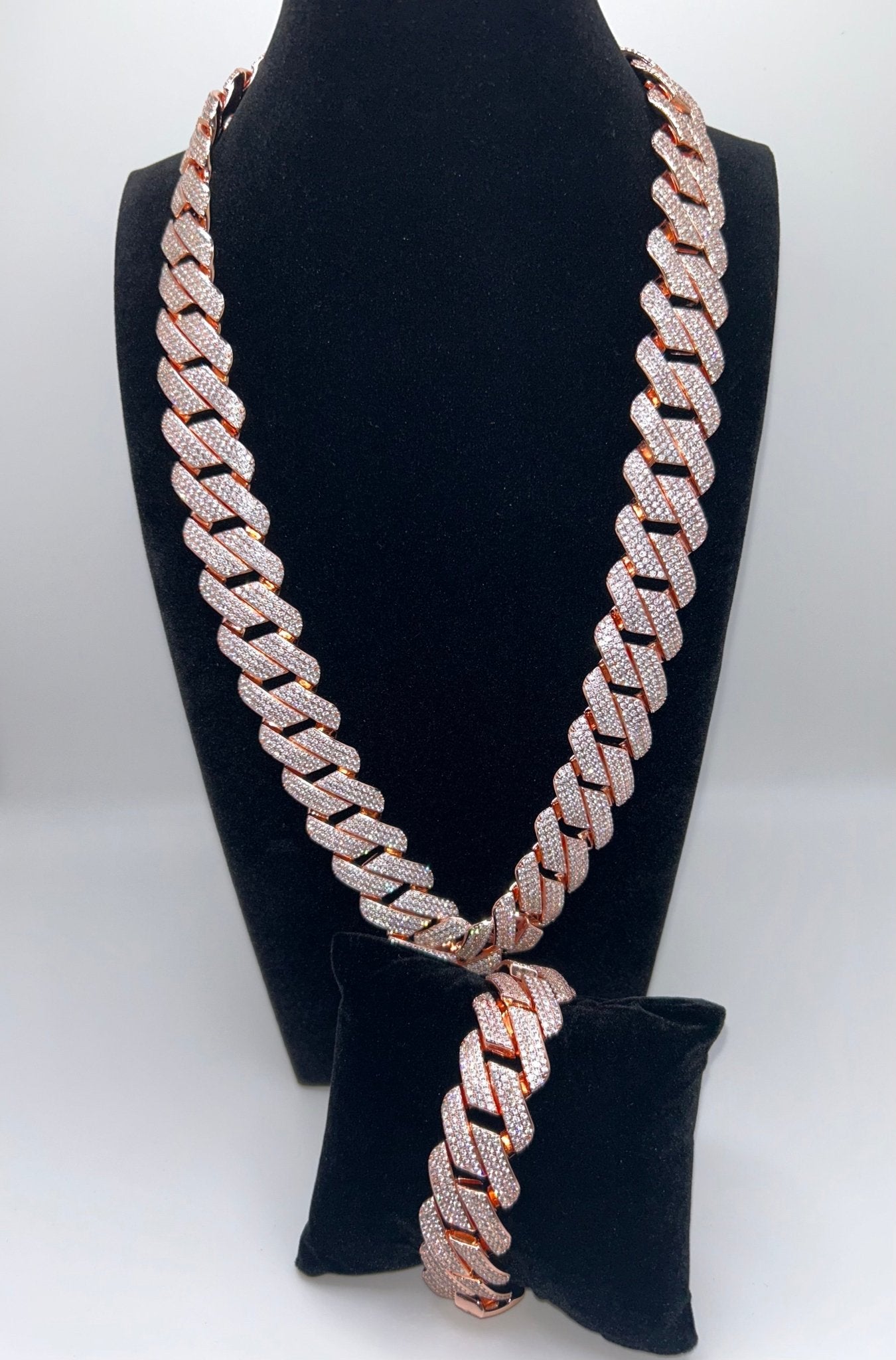 20mm Flat Square Cut Rose Gold Plated Cuban Iced Out Stimulated Diamonds Chain & Bracelet Set - Virtue Jewel20inch7inchBracelets