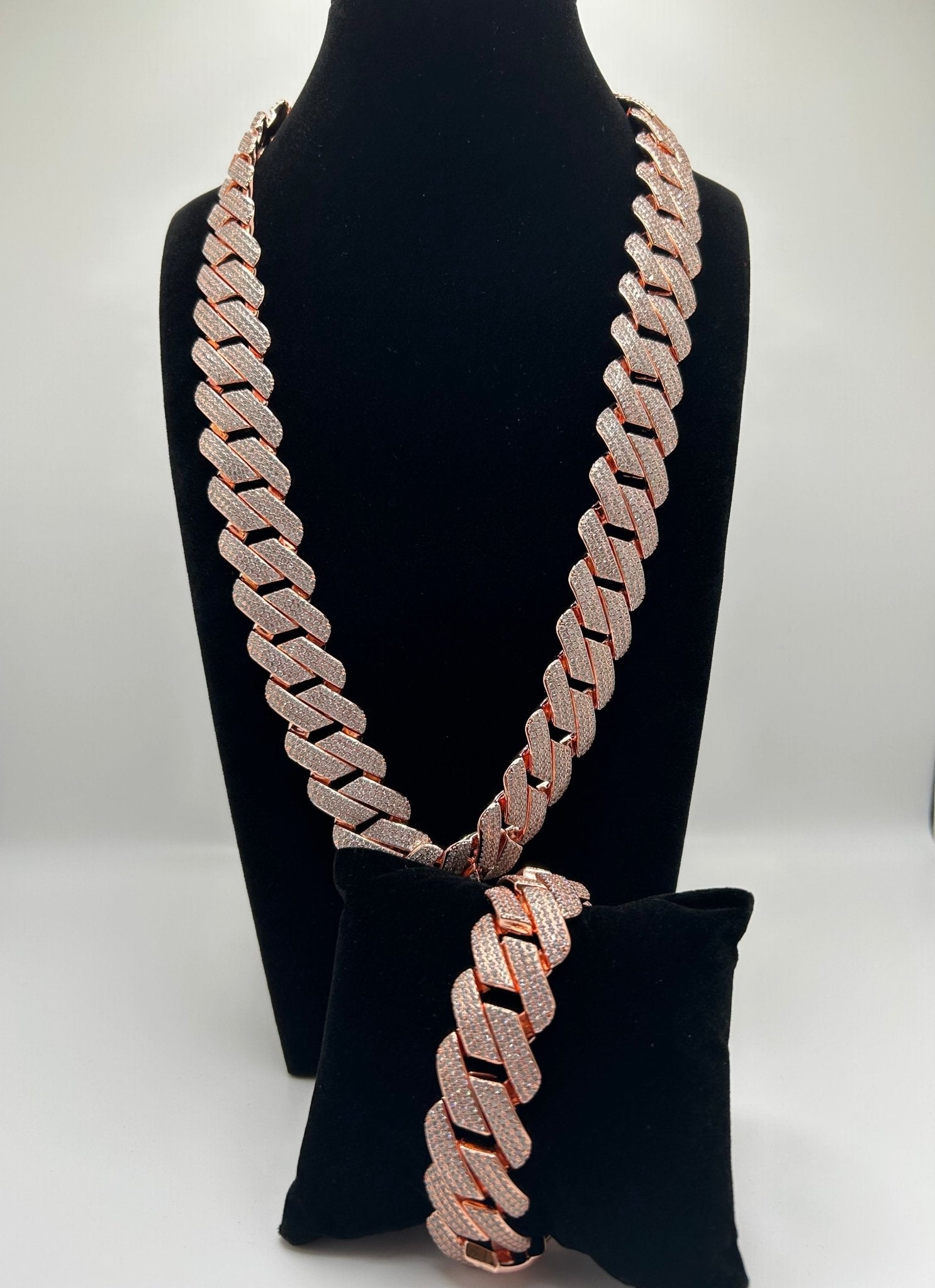 20mm Flat Square Cut Rose Gold Plated Cuban Iced Out Stimulated Diamonds Chain & Bracelet Set - Virtue Jewel20inch7inchBracelets