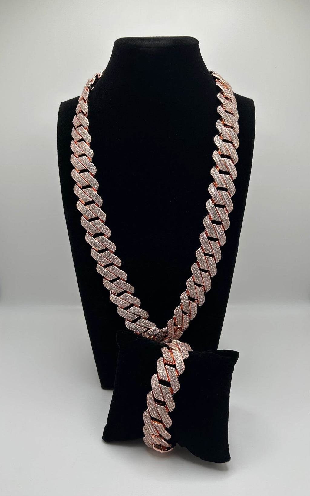 20mm Flat Square Cut Rose Gold Plated Cuban Iced Out Stimulated Diamonds Chain & Bracelet Set - Virtue Jewel20inch7inchBracelets