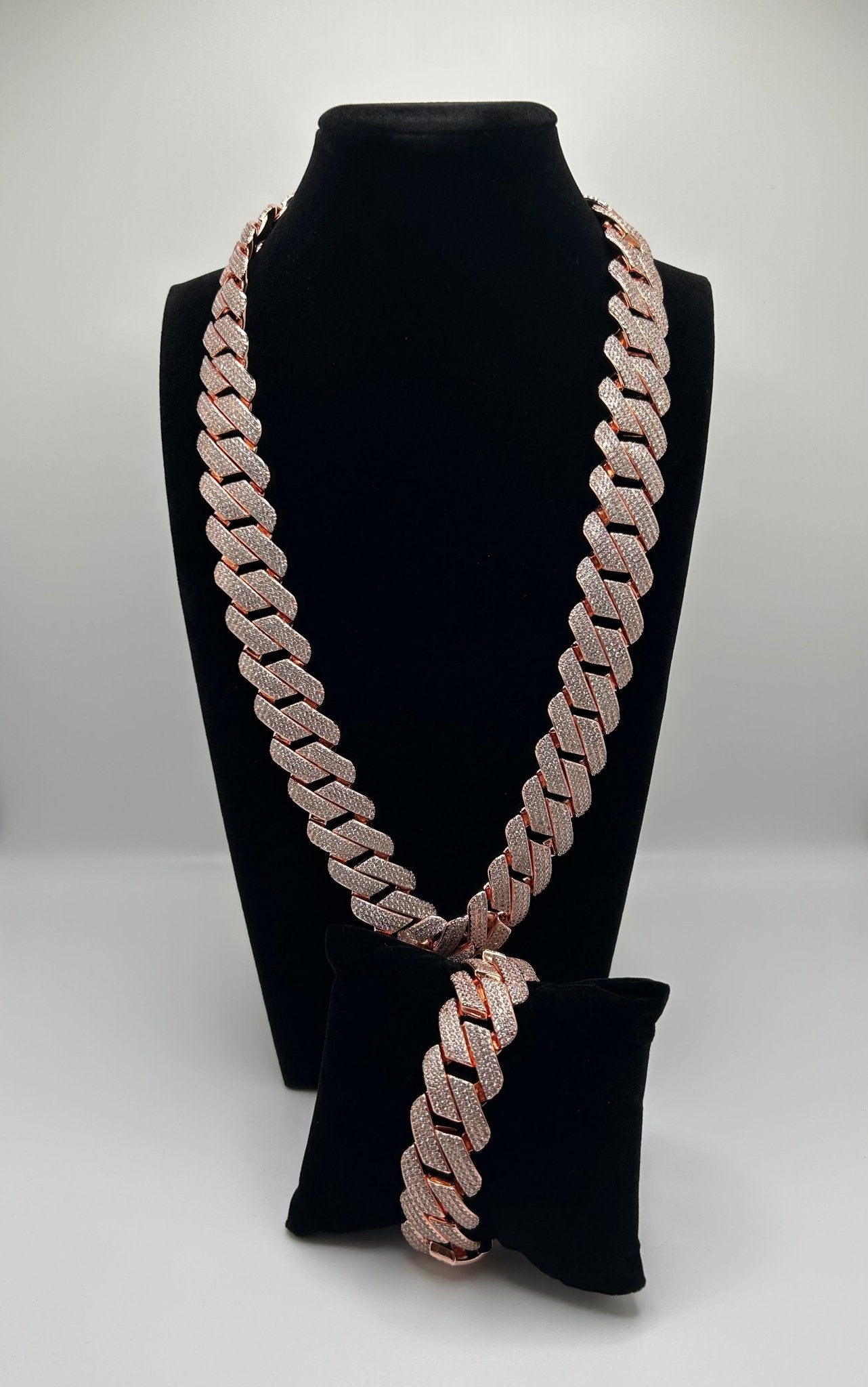 20mm Flat Square Cut Rose Gold Plated Cuban Iced Out Stimulated Diamonds Chain & Bracelet Set - Virtue Jewel20inch7inchBracelets