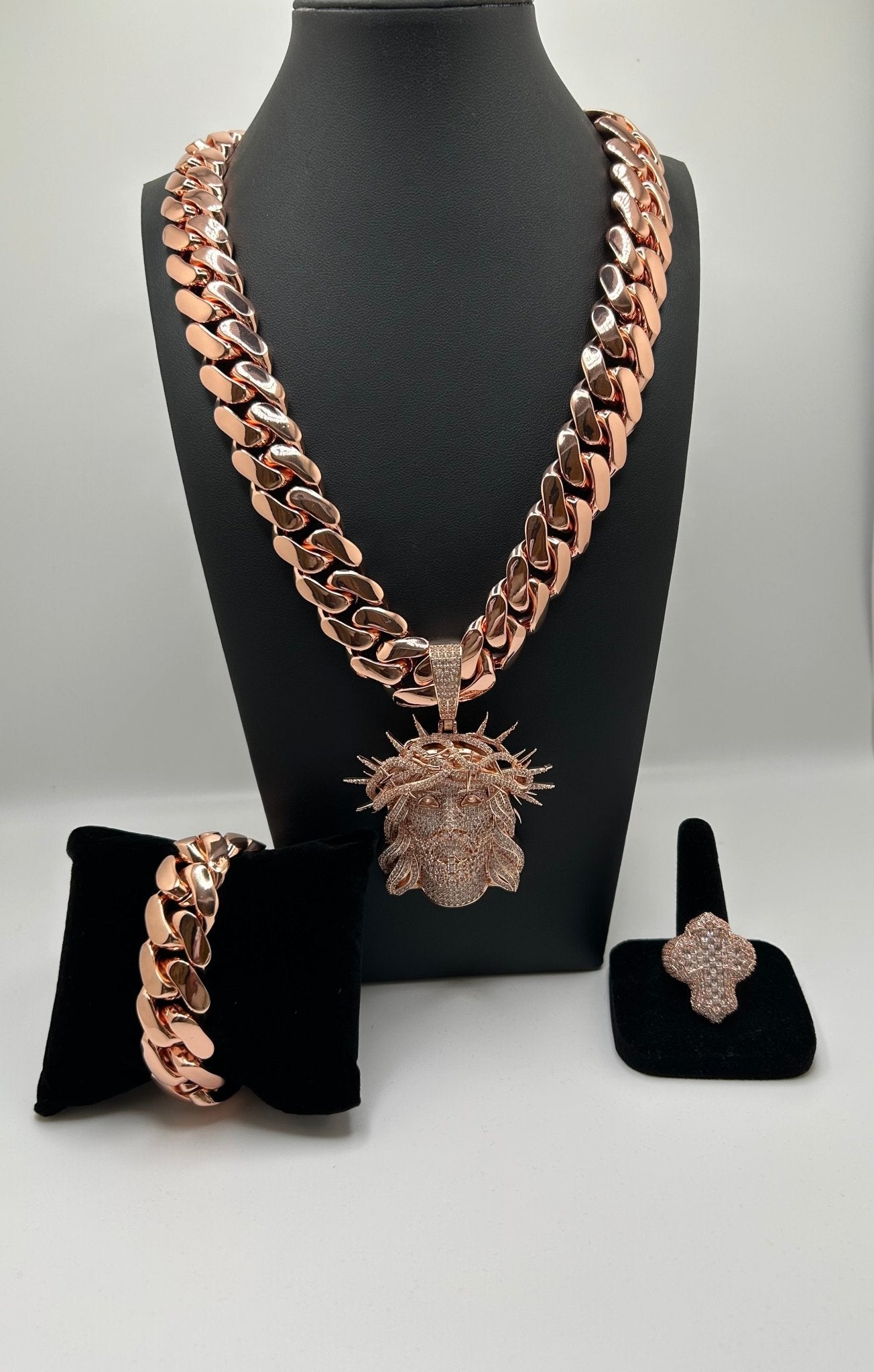 20mm Miami Cuban Link Rose Gold Plated Chain Bracelet & Ring | Royalty Set 👑 - Virtue Jewel20mm - 20inchRose Gold Face7inch