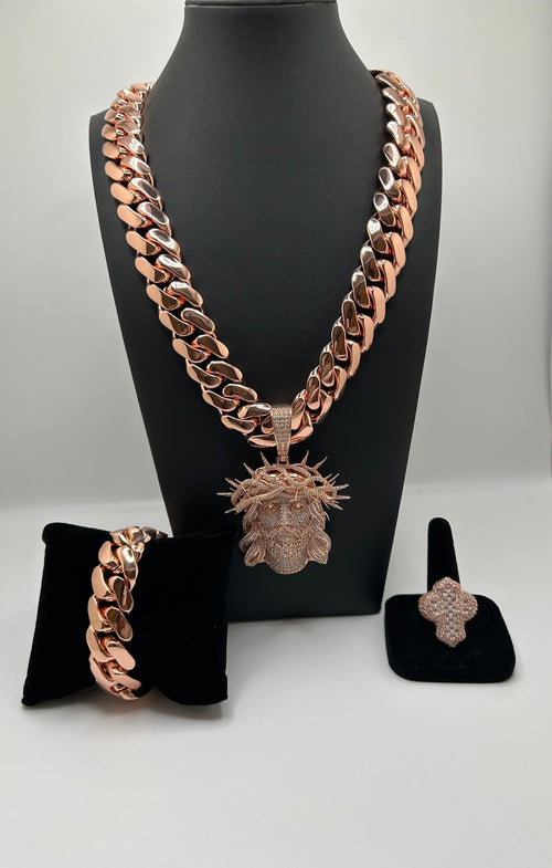 20mm Miami Cuban Link Rose Gold Plated Chain Bracelet & Ring | Royalty Set 👑 - Virtue Jewel20mm - 20inchRose Gold Face7inch