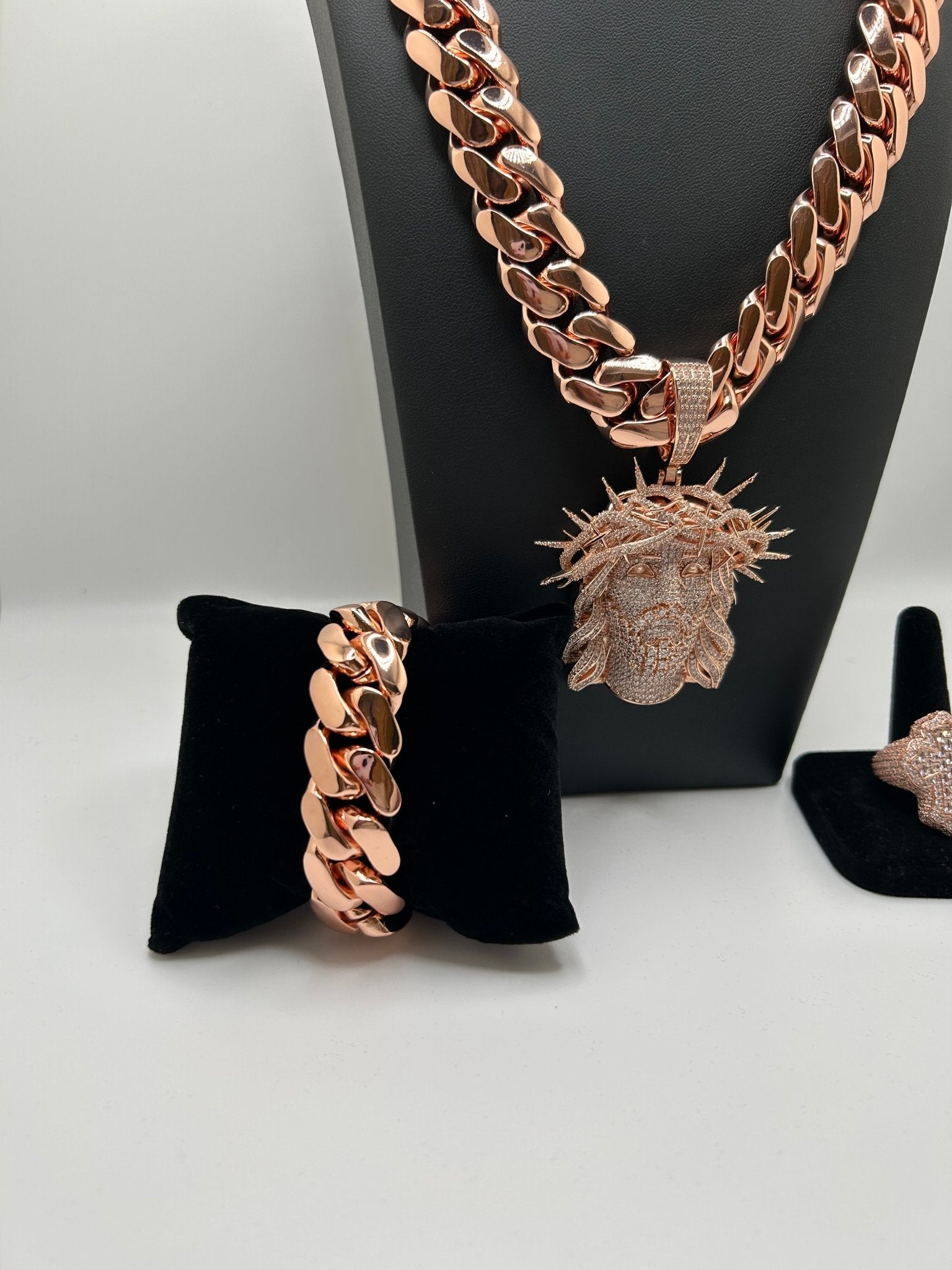 20mm Miami Cuban Link Rose Gold Plated Chain Bracelet & Ring | Royalty Set 👑 - Virtue Jewel20mm - 20inchRose Gold Face7inch