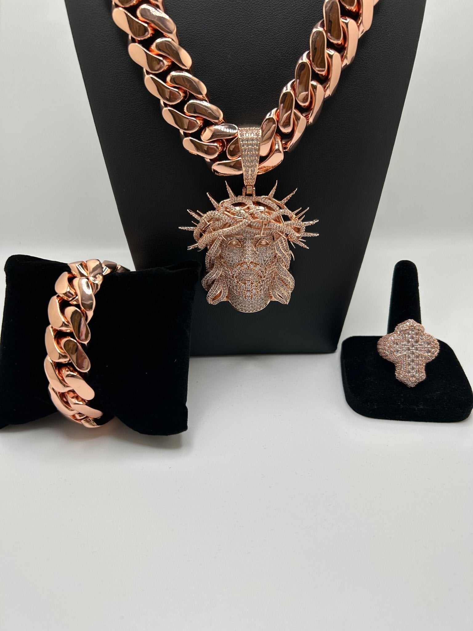 20mm Miami Cuban Link Rose Gold Plated Chain Bracelet & Ring | Royalty Set 👑 - Virtue Jewel20mm - 20inchRose Gold Face7inch