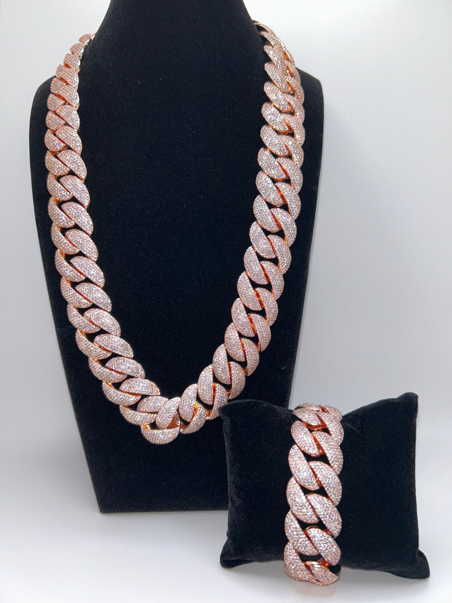 24mm Rose Gold Rounded Cuban Iced Out Stimulated Diamonds Chain & Bracelet Set - Virtue Jewel20inch7inchJewelry Set