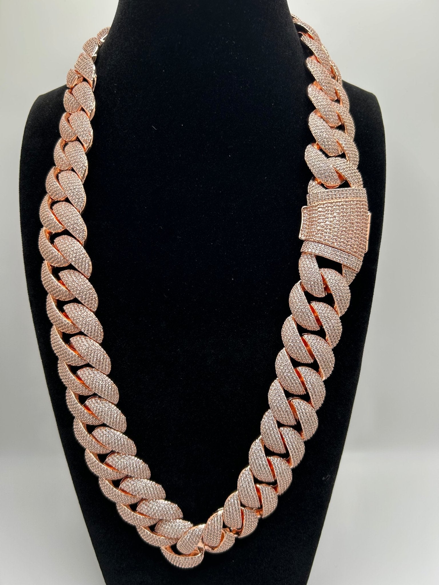 24mm Rose Gold Rounded Cuban Iced Out Stimulated Diamonds Chain - Virtue Jewel20inchChain Necklace