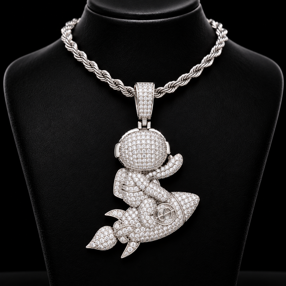 Iced Out Astronaut Riding Rocket Pendant – VVS Moissanite, Gold & White Gold