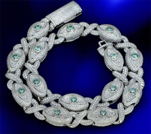 925 Silver Evil Big Eye 15MM Iced Out Moissanite Cuban Link Chain - JewelsWhite Gold18 inchRed