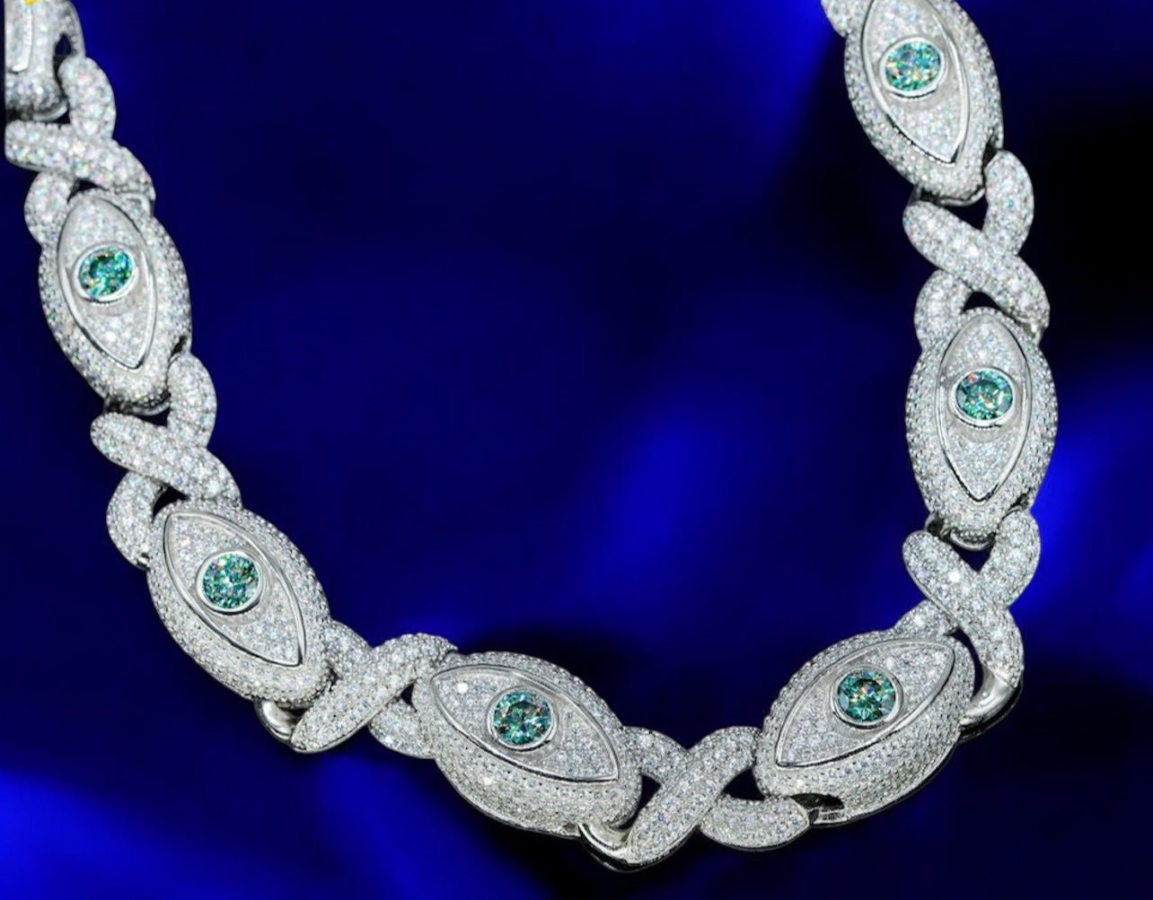 925 Silver Evil Big Eye 15MM Iced Out Moissanite Cuban Link Chain - JewelsWhite Gold18 inchRed