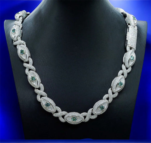 925 Silver Evil Big Eye 15MM Iced Out Moissanite Cuban Link Chain - JewelsWhite Gold18 inchRed