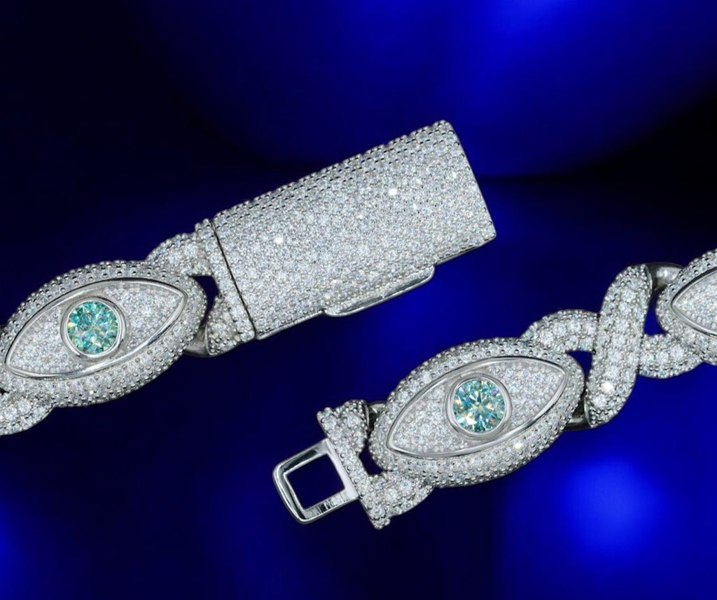925 Silver Evil Big Eye 15MM Iced Out Moissanite Cuban Link Chain - JewelsWhite Gold18 inchRed