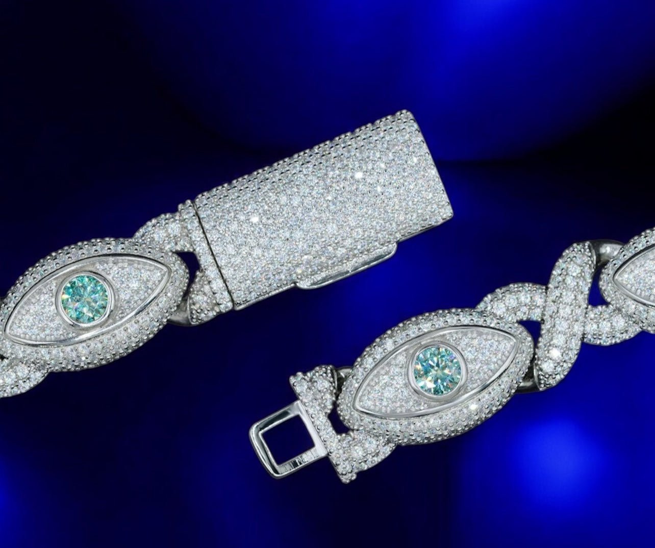 925 Silver Evil Big Eye 15MM Iced Out Moissanite Cuban Link Chain - JewelsWhite Gold18 inchRed