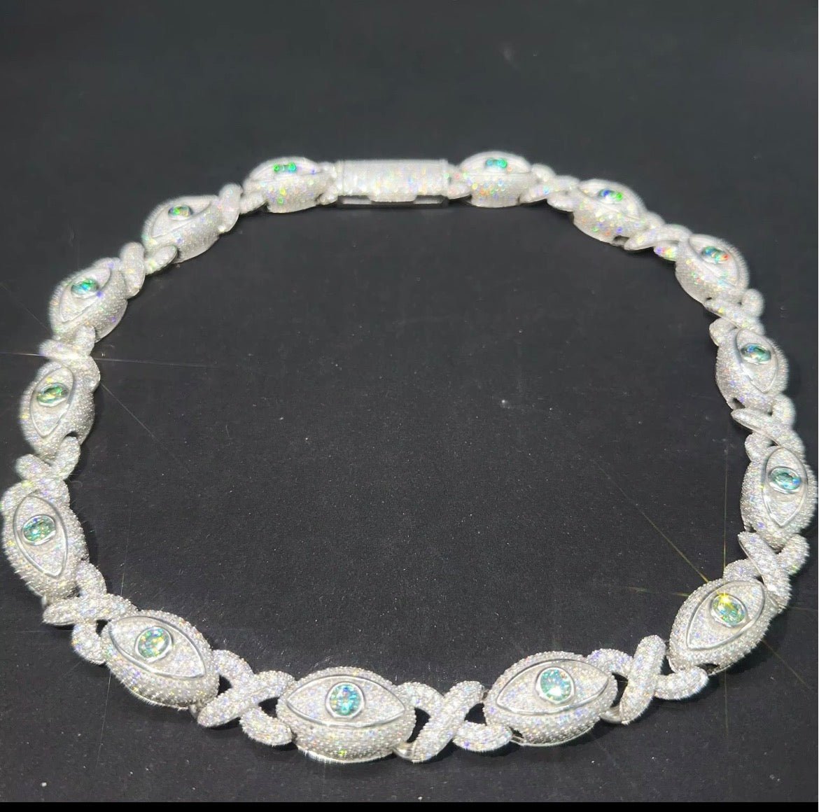 925 Silver Evil Big Eye 15MM Iced Out Moissanite Cuban Link Chain - Virtue JewelWhite Gold18 inchRed