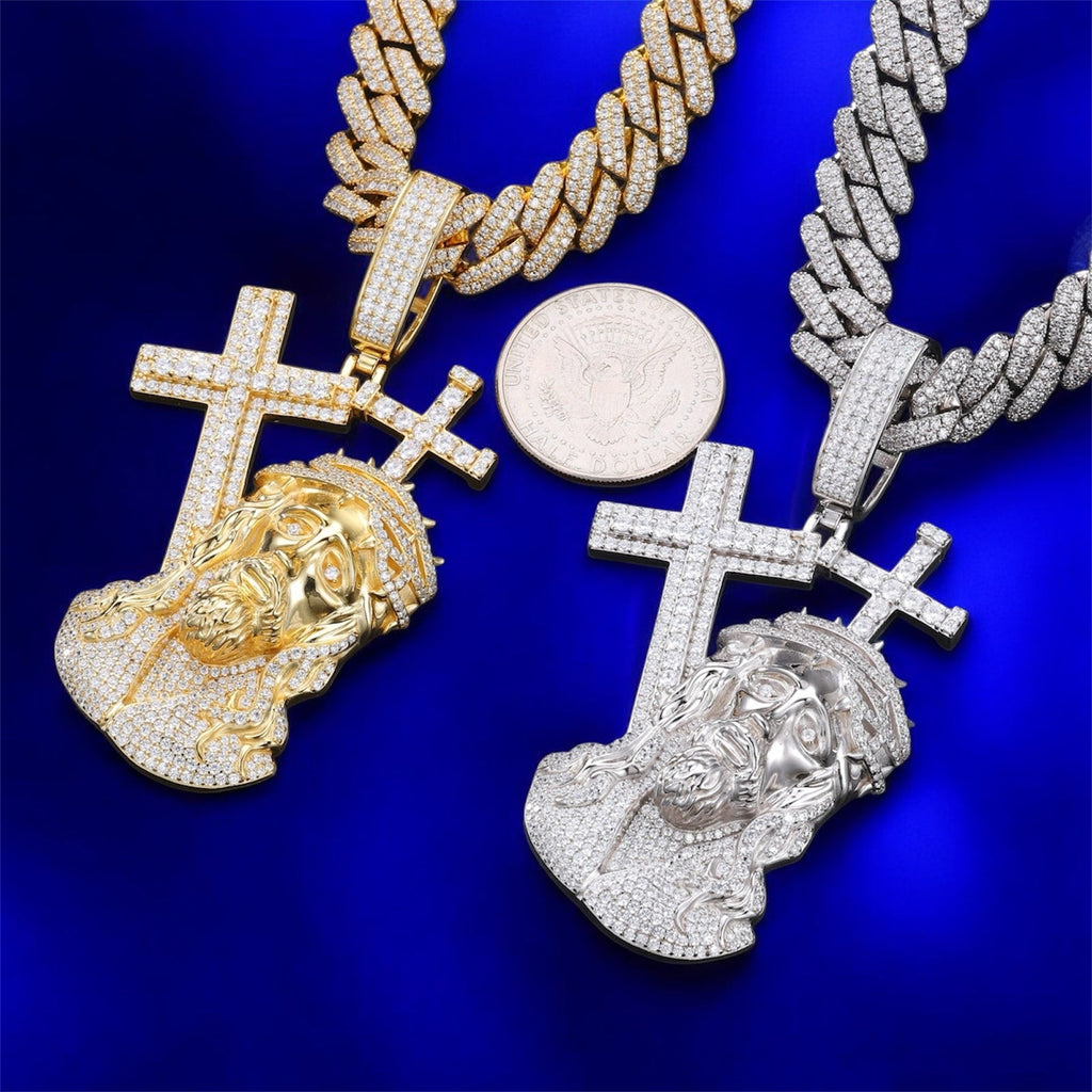 925 Silver Moissanite Cross On Back White Gold & Gold Jesus Pendant - JewelsGold