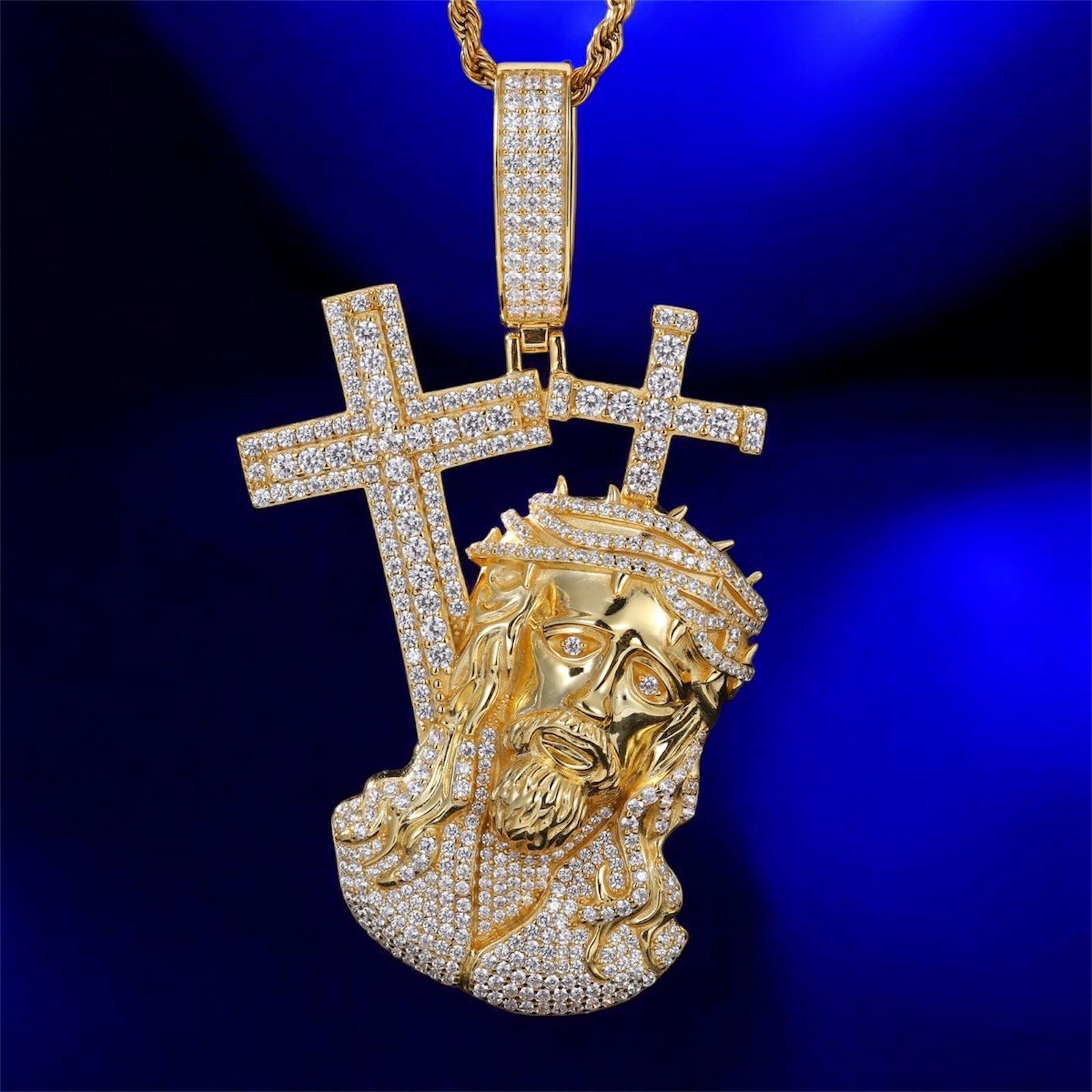 925 Silver Moissanite Cross On Back White Gold & Gold Jesus Pendant - JewelsGold