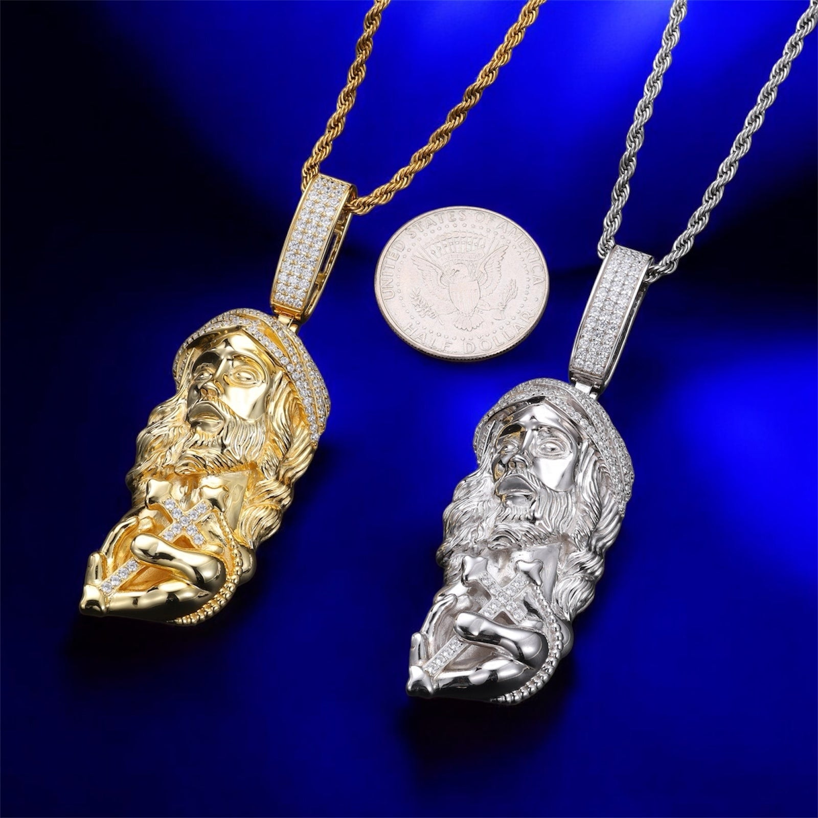 925 Silver Moissanite Hand Cross White Gold & Gold Jesus Pendant - JewelsWhite Gold