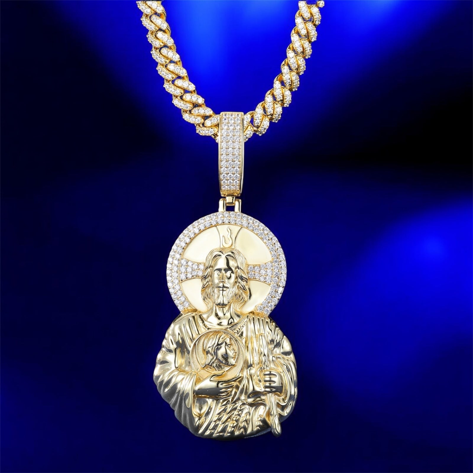 925 Silver Moissanite Jesus Carry Gold & White Gold Pendant - JewelsGold