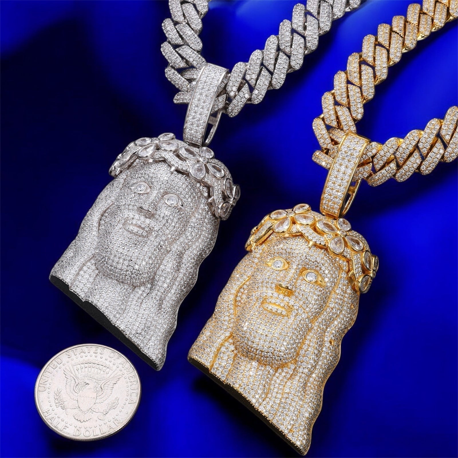 925 Silver Moissanite Jesus Clover Crown Gold & White Gold Pendant - JewelsGold
