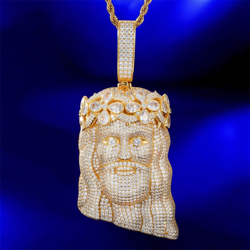 925 Silver Moissanite Jesus Clover Crown Gold & White Gold Pendant - JewelsGold