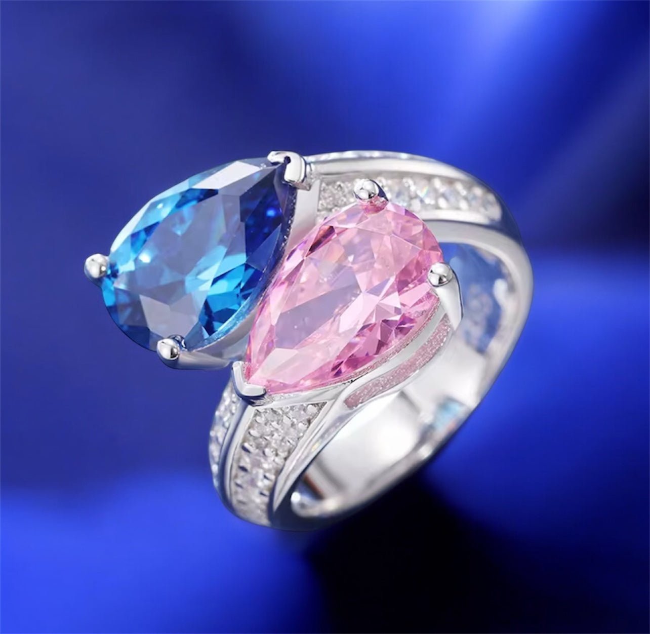 925 Silver Water Drop Pink Blue Ring - Jewels8 - 10