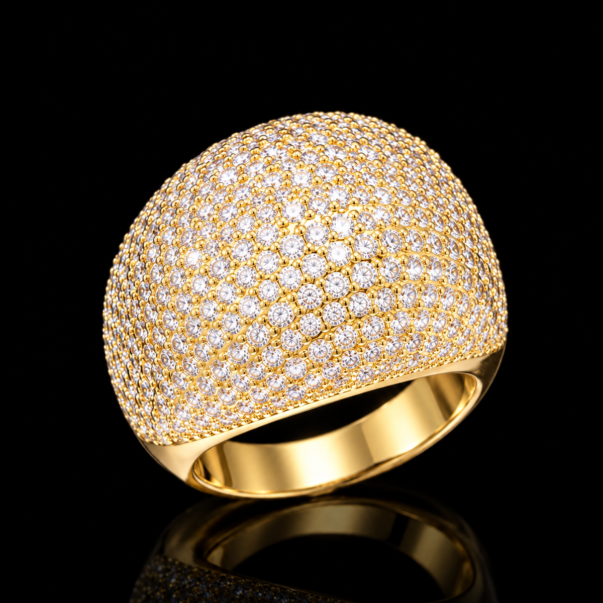 Iced Out Dome Ring – Full Micro Pavé Chunky Bombé Ring, 5A CZ, Gold & White Gold
