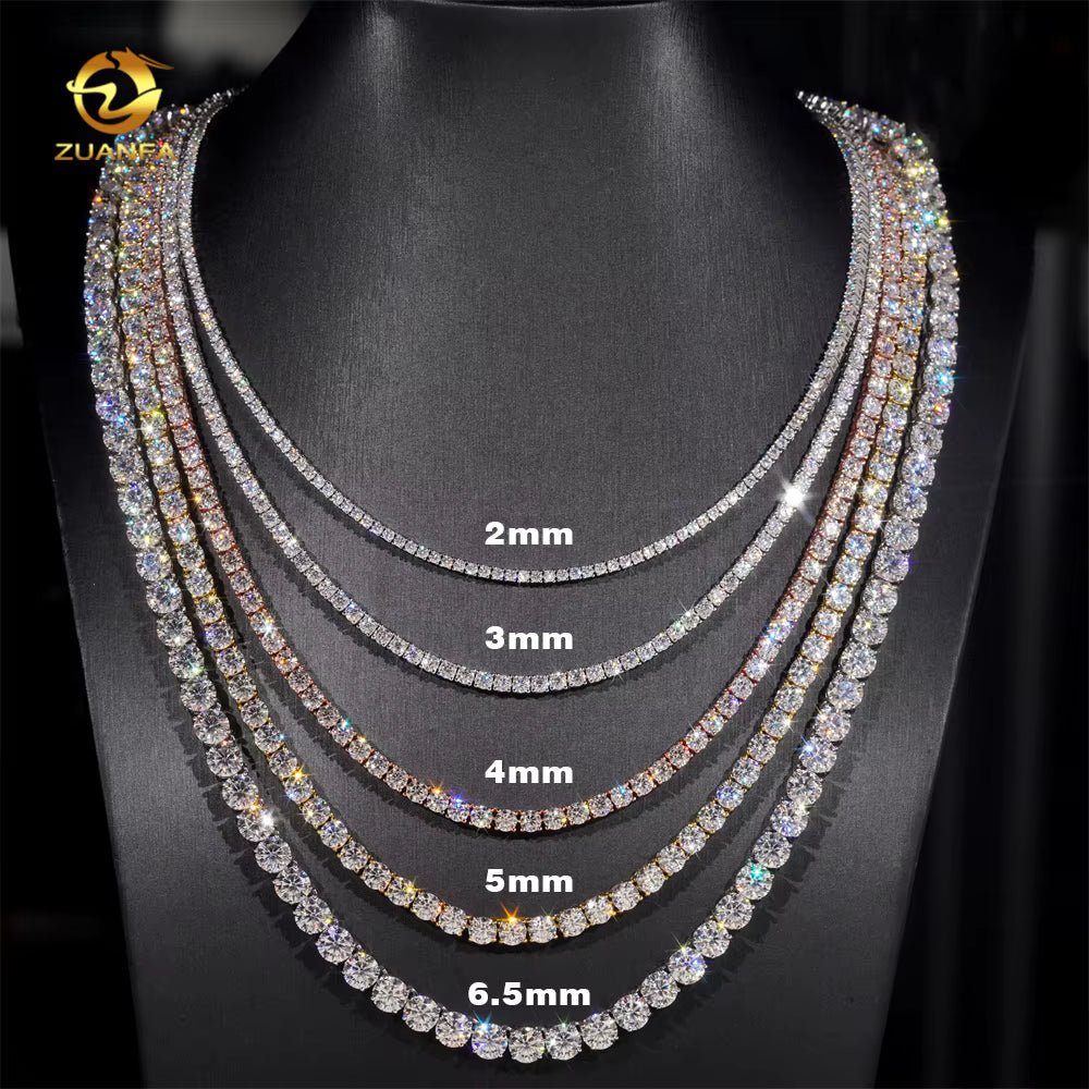 Luxury Men Women Hip Hop Iced Out Fine Jewelry 2MM 3MM 4MM 5MM Lab Diamond S925 Silver Vvs Moissanite Tennis Chain Necklace