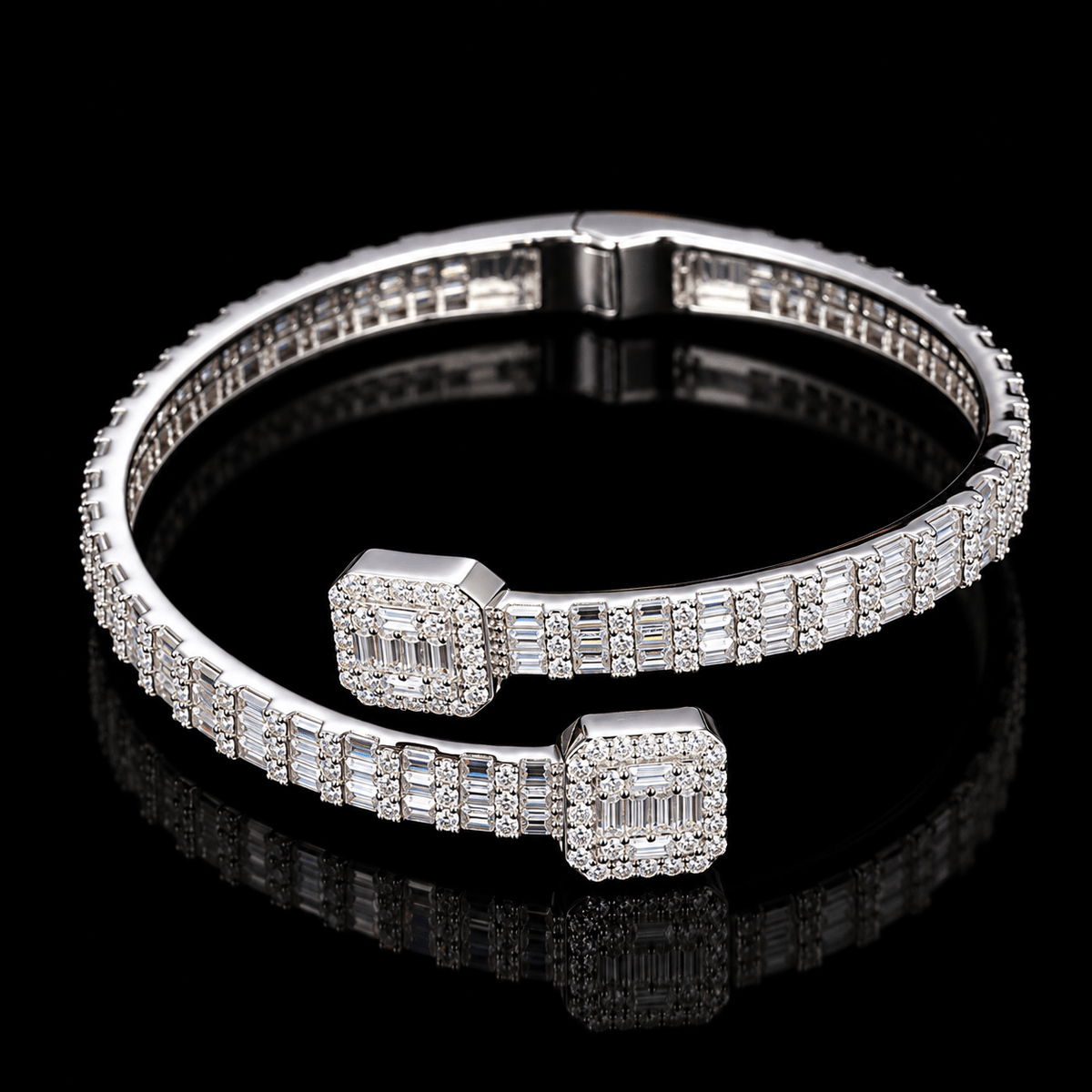 Baguette Halo Cuff Bangle – 925 Sterling Silver VVS Moissanite, White Gold - Virtue JewelGold