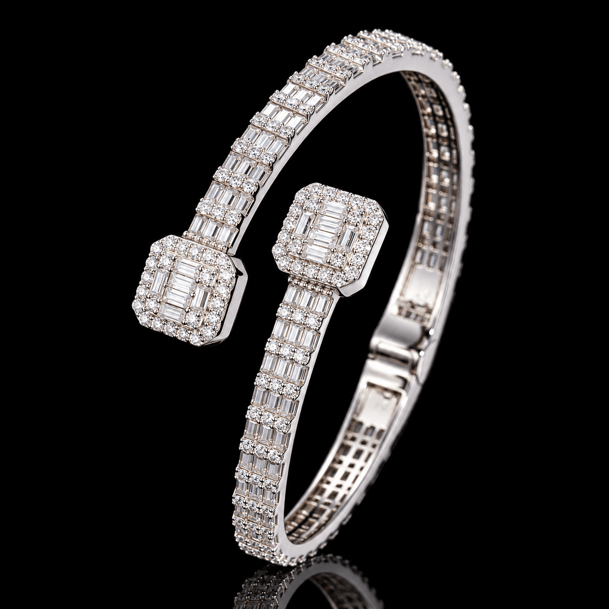 Baguette Halo Cuff Bangle – 925 Sterling Silver VVS Moissanite, White Gold - Virtue JewelGold