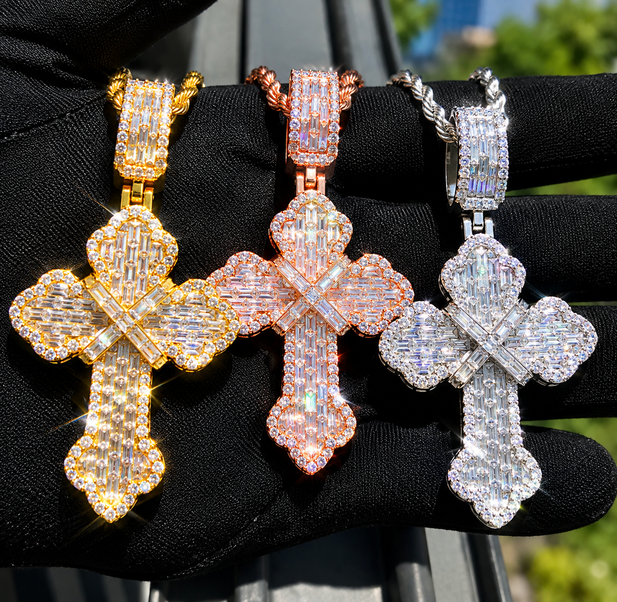 Baguette Iced-Out Cross Pendant - Virtue JewelGold
