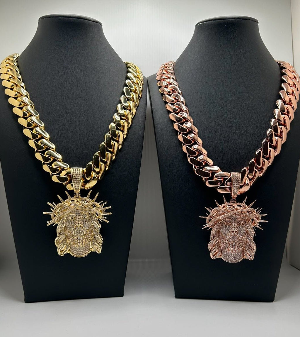 Chain Miami Cuban Link Rose Gold & Yellow Gold Plated Chain Necklace Jesus Crown Pendant - Virtue JewelGold10mm24inch