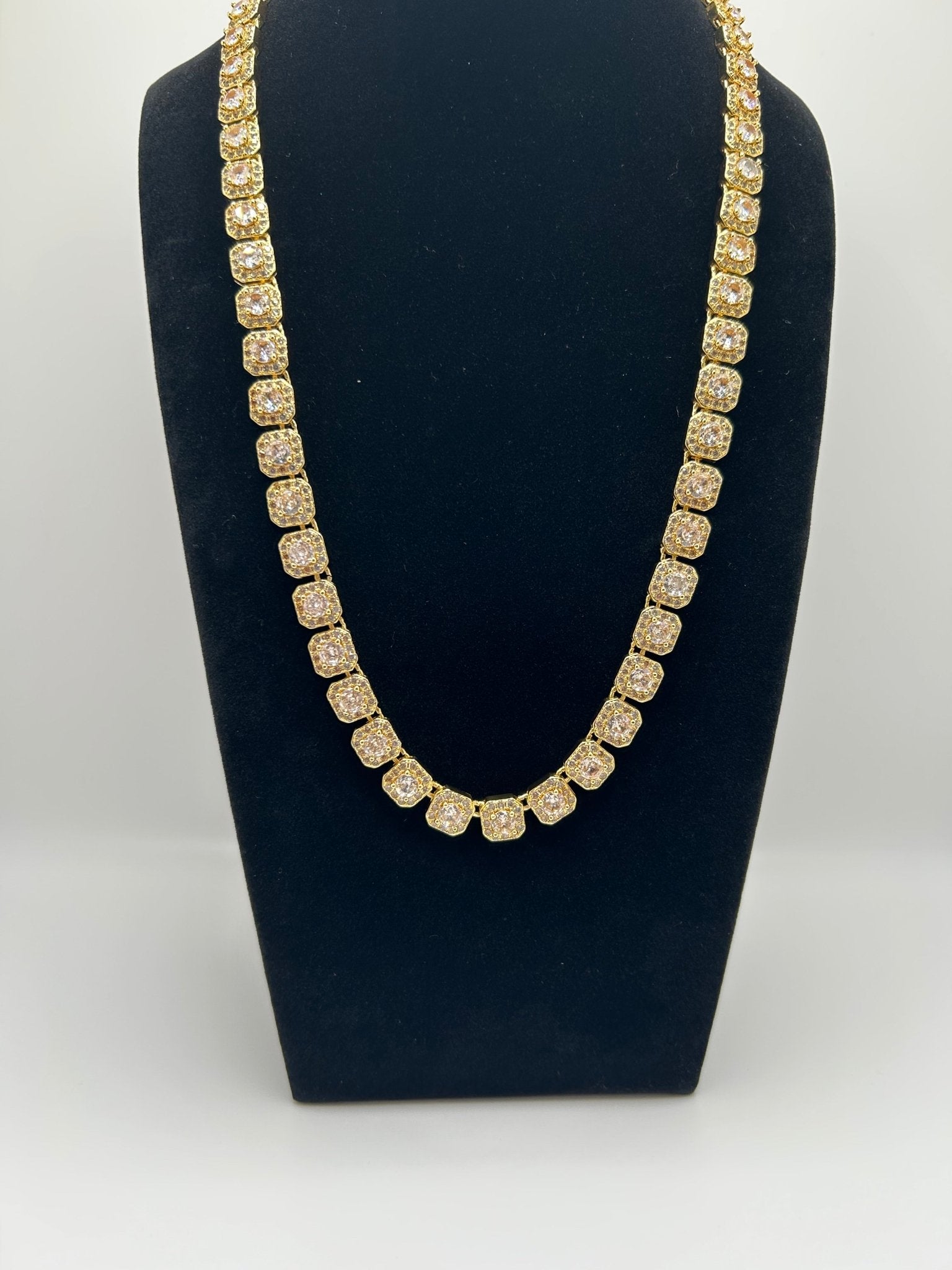 Cluster Gold Plated Stimulated Diamonds Iced Out Chain Necklace - Virtue Jewel18inch6inchJewelry Set