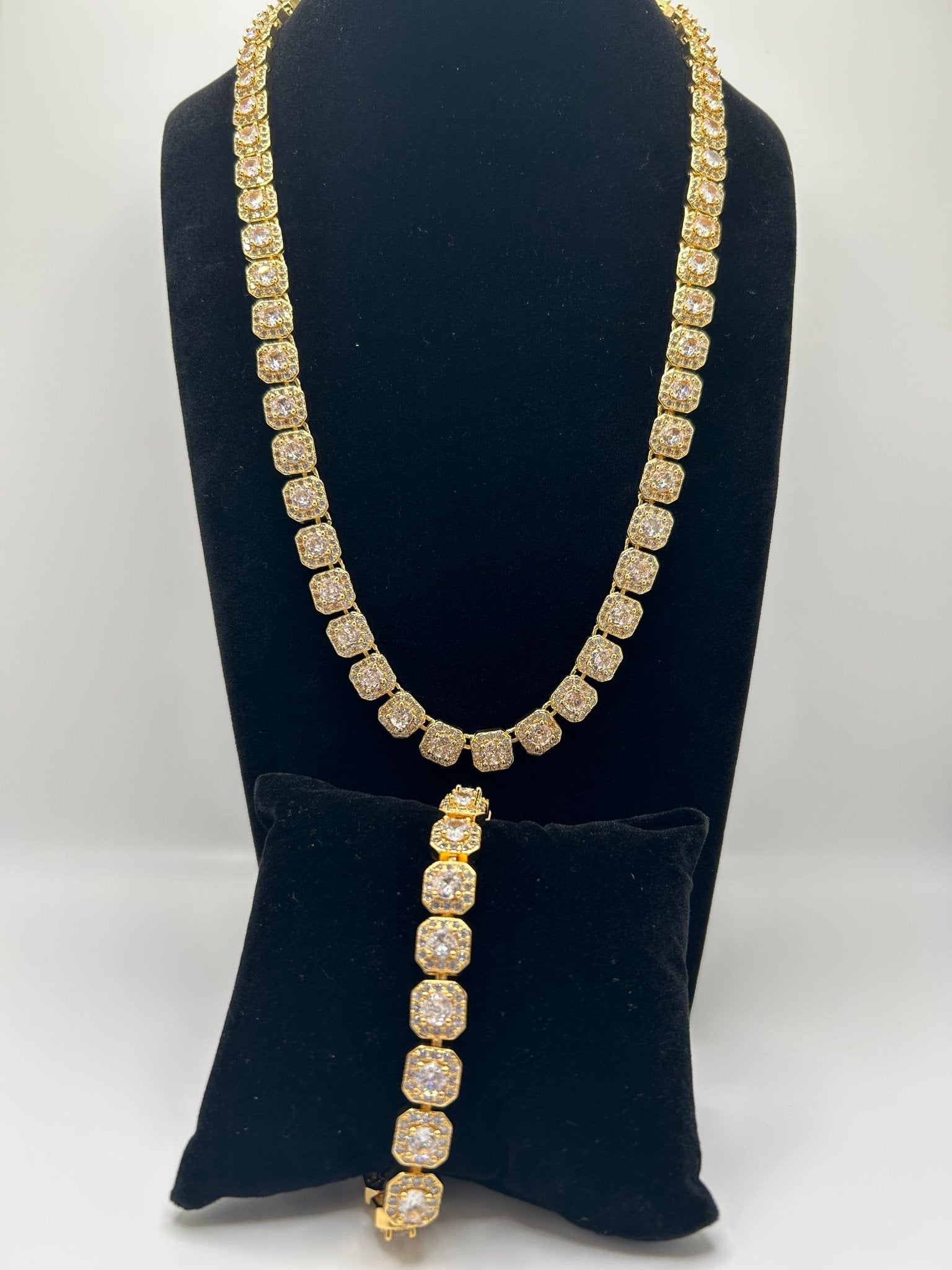 Cluster Gold Plated Stimulated Diamonds Iced Out Chain Necklace - Virtue Jewel18inch6inchJewelry Set