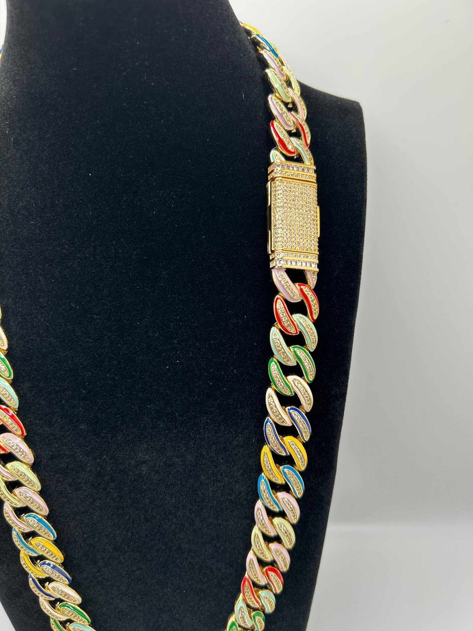 Colorful Multi Color Candy Cuban Iced Out Stimulated Diamonds Chain - Virtue JewelGold18inchChain Necklace