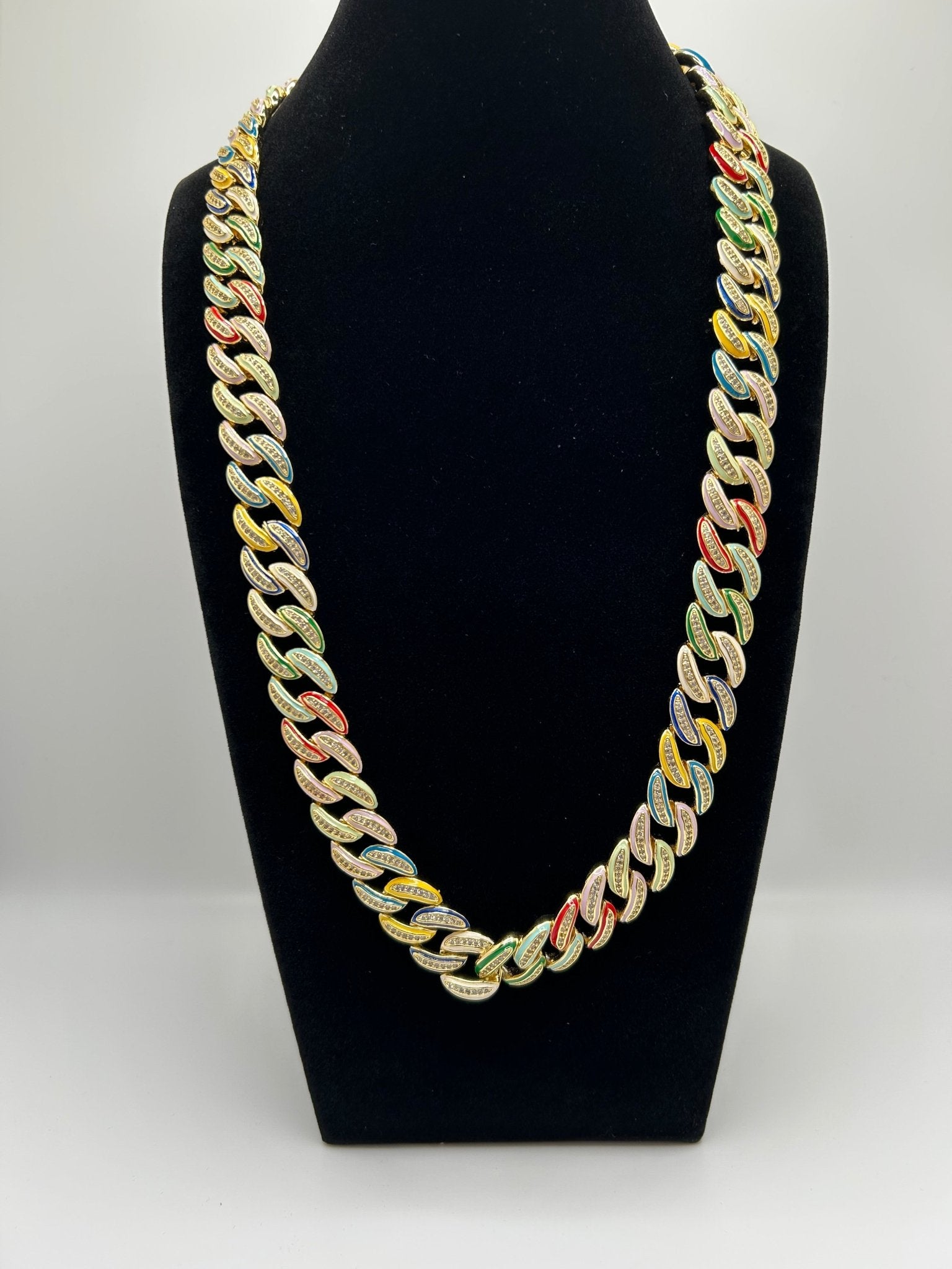 Colorful Multi Color Candy Cuban Iced Out Stimulated Diamonds Chain - Virtue JewelGold18inchChain Necklace