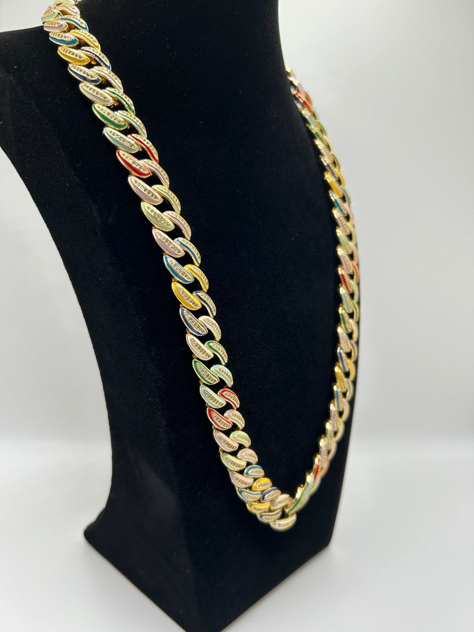 Colorful Multi Color Candy Cuban Iced Out Stimulated Diamonds Chain - Virtue JewelGold18inchChain Necklace