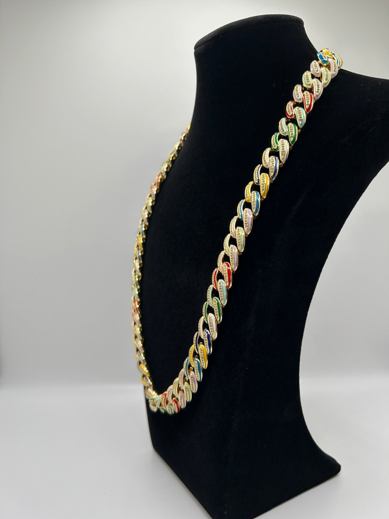 Colorful Multi Color Candy Cuban Iced Out Stimulated Diamonds Chain - Virtue JewelGold18inchChain Necklace