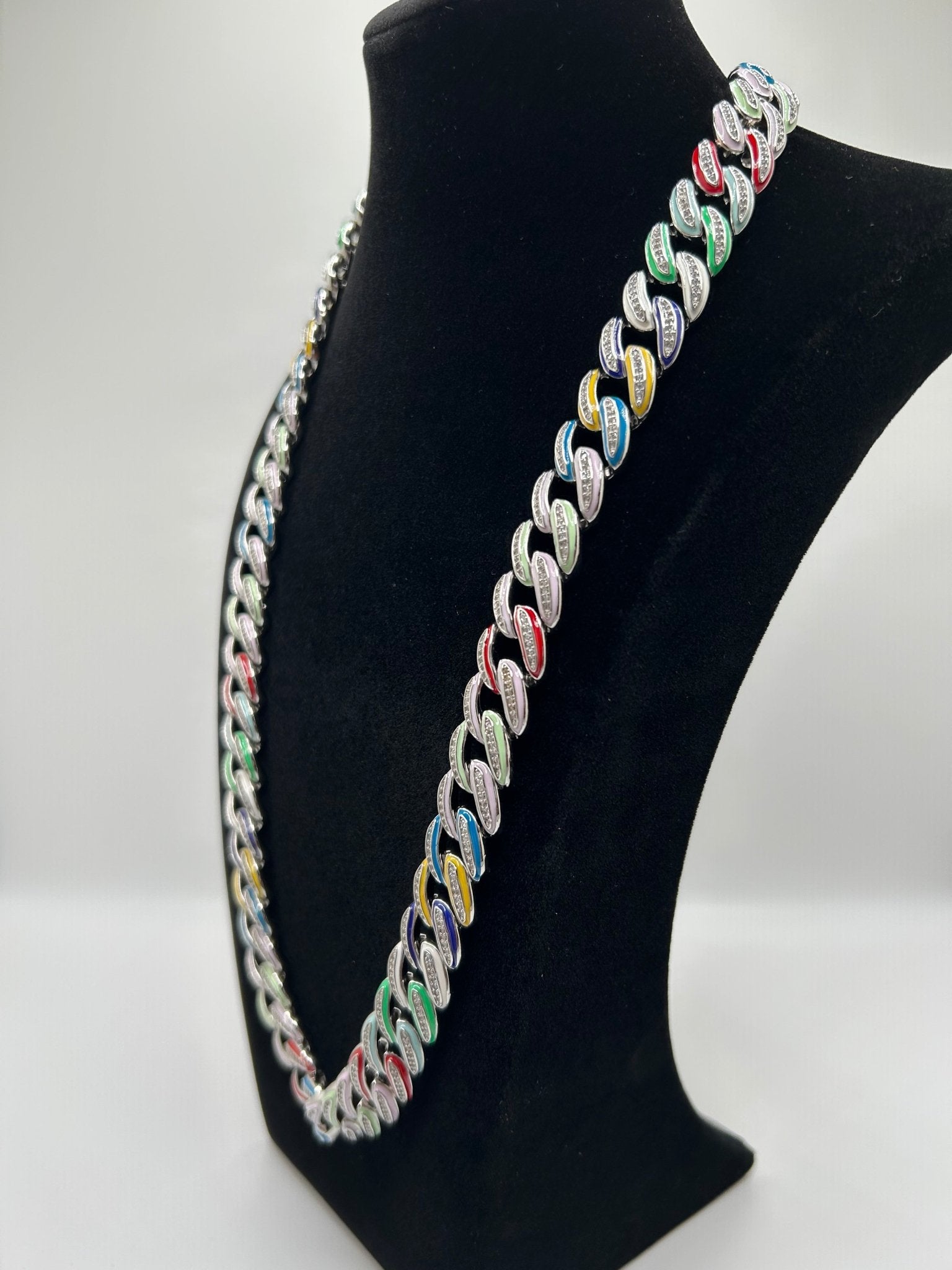 Colorful Multi Color Candy Cuban Iced Out Stimulated Diamonds Chain - Virtue JewelGold18inchChain Necklace