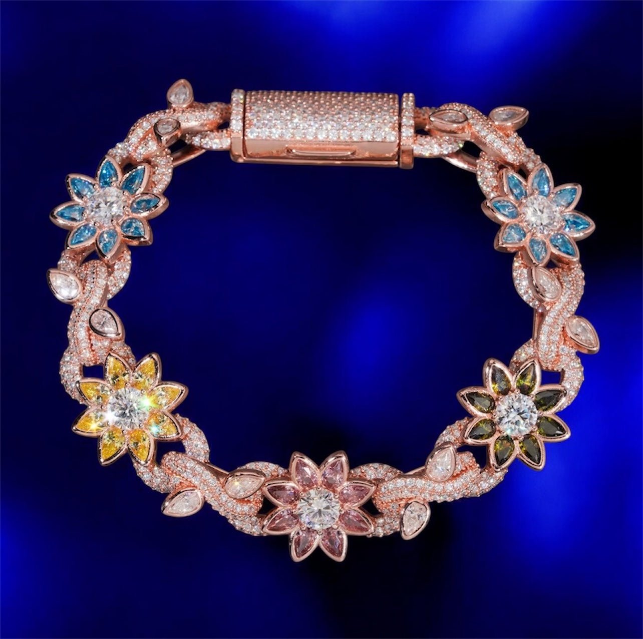 Diamond Flower 14K Gold Plated 925 Silver Moissanite Bracelet - JewelsRose gold7 inch