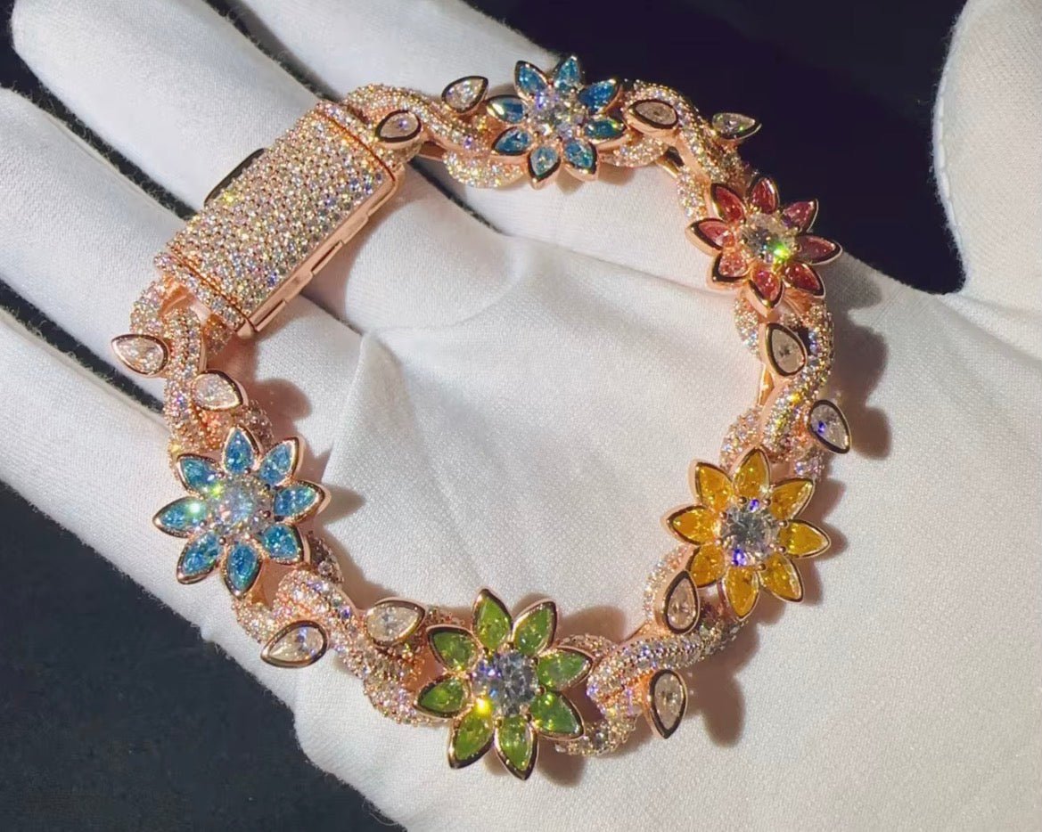 Diamond Flower 14K Gold Plated 925 Silver Moissanite Bracelet - Virtue JewelRose gold7 inch