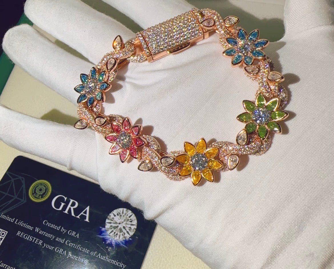 Diamond Flower 14K Gold Plated 925 Silver Moissanite Bracelet - Virtue JewelRose gold7 inch